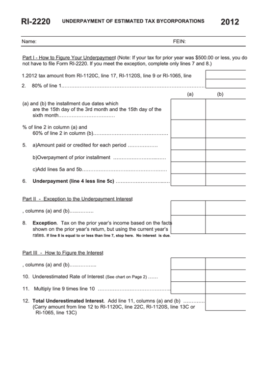 Fillable Form Ri-2220 - Underpayment Of Estimated Tax By Corporations - 2012 Printable pdf