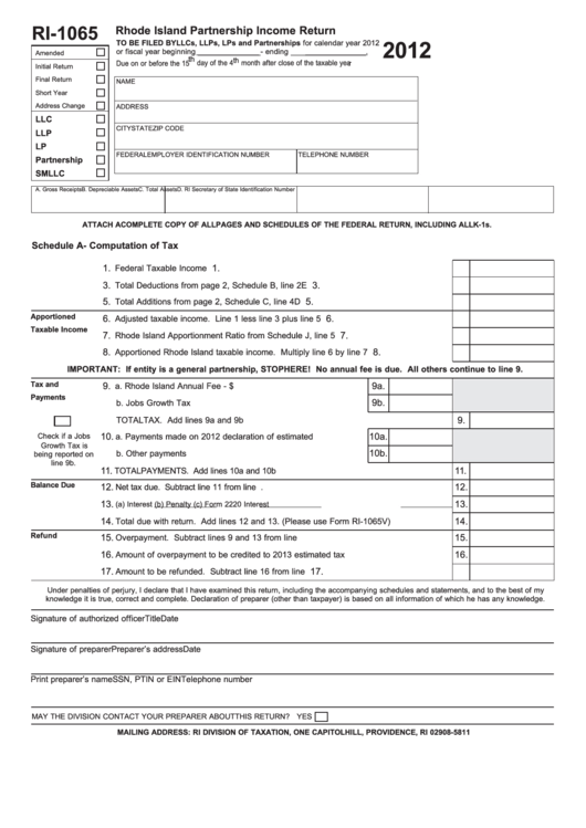 Fillable Form Ri-1065 - Rhode Island Partnership Income Return - 2012 Printable pdf