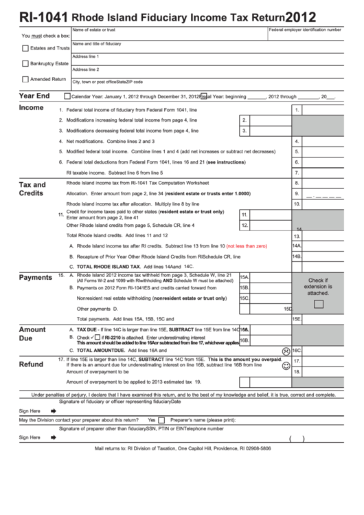 Fillable Form Ri-1041 - Rhode Island Fiduciary Income Tax Return - 2012 Printable pdf