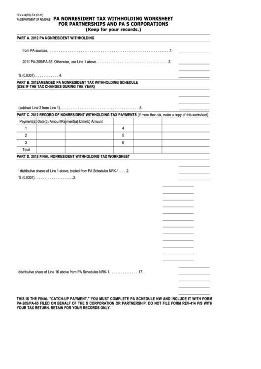 Form Rev-414(P/s) Ex - Pa Nonresident Tax Withholding Worksheet For Partnerships And Pa S Corporations Printable pdf