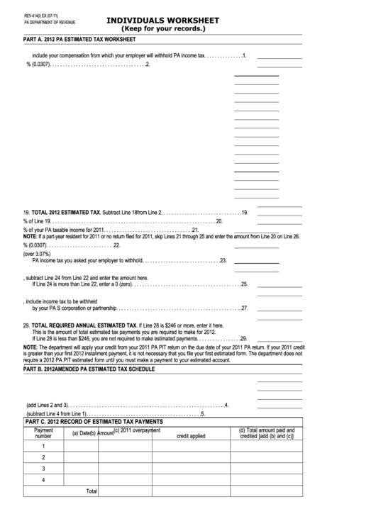 Form Rev-414(I) Ex - Individuals Worksheet Printable pdf
