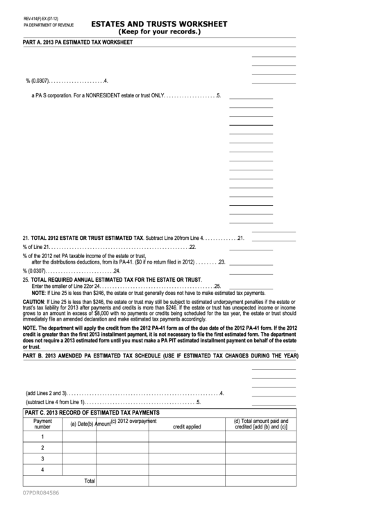 Form Rev-414(F) Ex - Estates And Trusts Worksheet Printable pdf