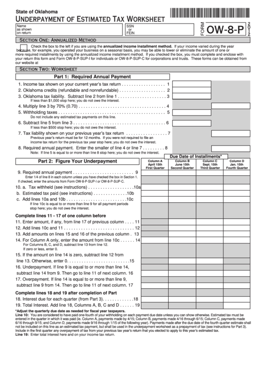 Fillable Form Ow-8-P - Underpayment Of Estimated Tax Worksheet - 2012 Printable pdf