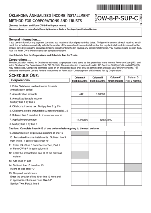 Fillable Form Ow-8-P-Sup-C - Oklahoma Annualized Income Installment Method For Corporations And Trusts - 2012 Printable pdf