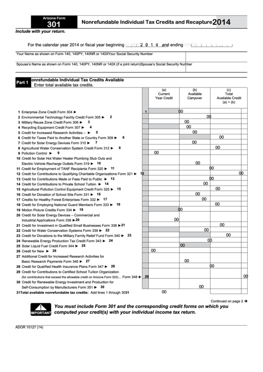 Fillable Arizona Form 301 - Nonrefundable Individual Tax Credits And Recapture - 2014 Printable pdf