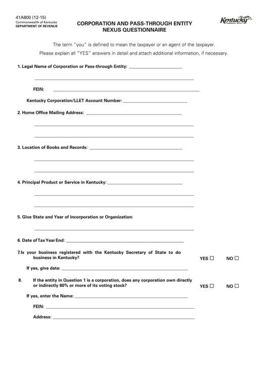 Fillable Form 41a800 - Corporation And Pass-Through Entity Nexus Questionnaire Printable pdf