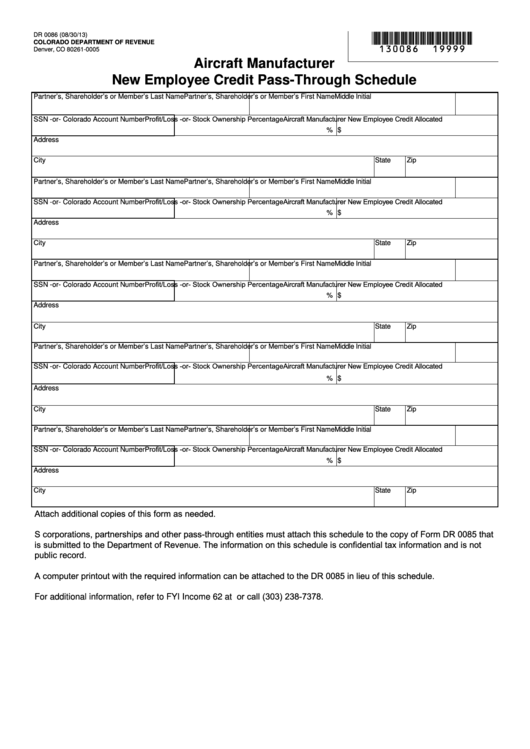 Fillable Form Dr 0086 - Aircraft Manufacturer New Employee Credit Pass-Through Schedule Printable pdf