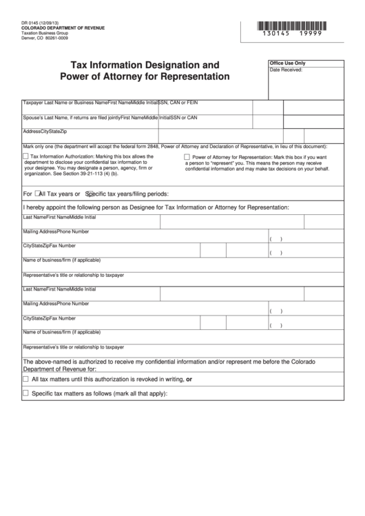 Fillable Form Dr 0145 - Tax Information Designation And Power Of Attorney For Representation Printable pdf