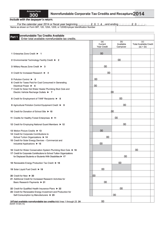 Fillable Arizona Form 300 - Nonrefundable Corporate Tax Credits And Recapture - 2014 Printable pdf