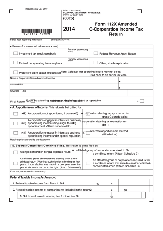 Fillable Form 112x - Amended C-Corporation Income Tax Return - 2014 Printable pdf
