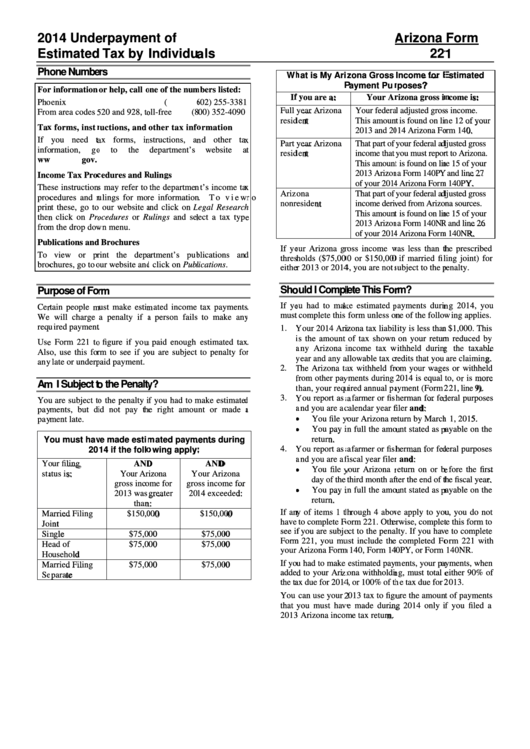 Instructions For Arizona Form 221 - Underpayment Of Estimated Tax By Individuals - 2014 Printable pdf