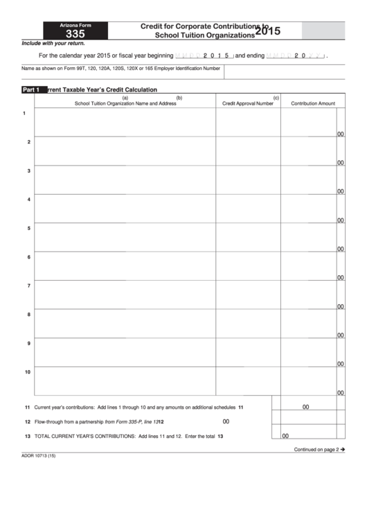 Fillable Arizona Form 335 - Credit For Corporate Contributions To School Tuition Organizations - 2015 Printable pdf
