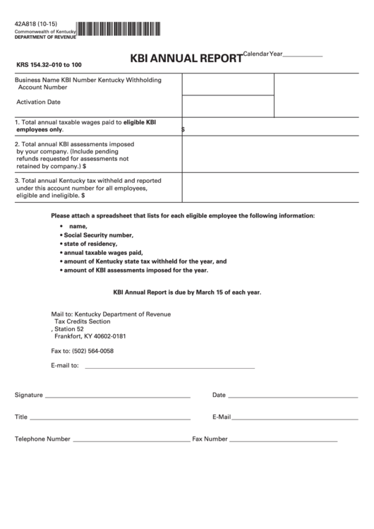 Fillable Form 42a818 - Kbi Annual Report Printable pdf