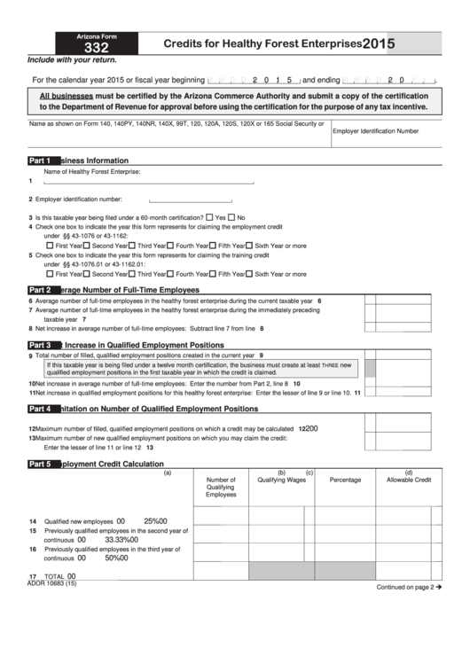 Fillable Arizona Form 332 - Credits For Healthy Forest Enterprises - 2015 Printable pdf