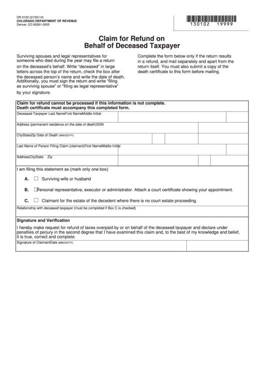 Fillable Form Dr 0102 - Claim For Refund On Behalf Of Deceased Taxpayer Printable pdf
