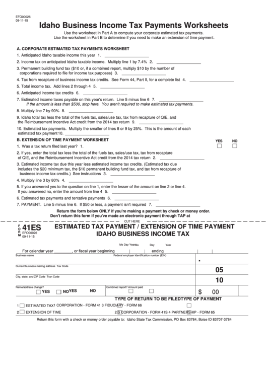 Idaho Form 41es - Estimated Tax Payment / Extension Of Time Payment Idaho Business Income Tax Printable pdf