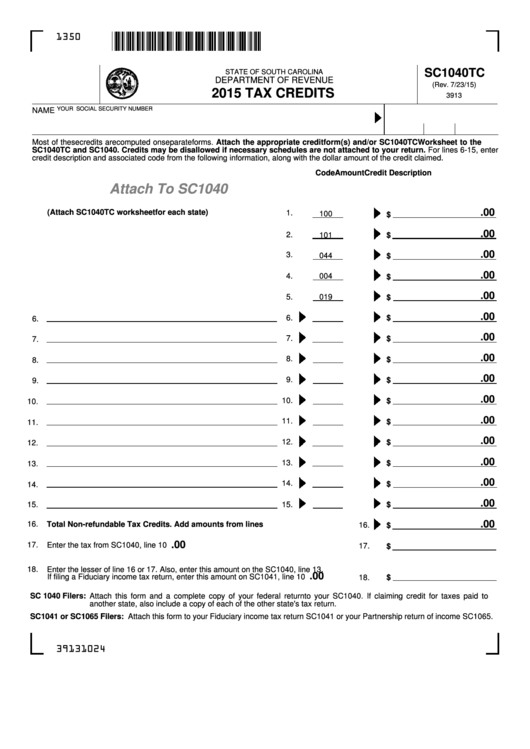 Form Sc1040tc - Tax Credits - 2015 Printable pdf