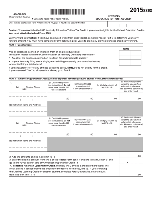 Fillable Form 8863-K - Kentucky Education Tuition Tax Credit - 2015 Printable pdf