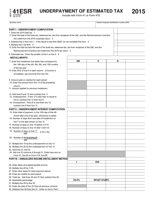 Form 41esr - Underpayment Of Estimated Tax - 2015 Printable pdf