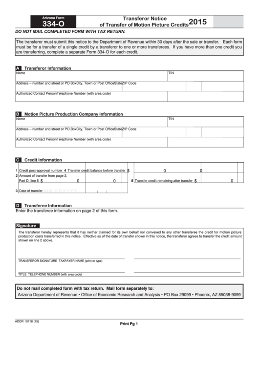 Fillable Arizona Form 334-O - Transferor Notice Of Transfer Of Motion Picture Credits - 2015 Printable pdf