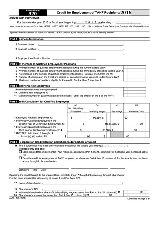 Fillable Arizona Form 320 - Credit For Employment Of Tanf Recipients - 2015 Printable pdf