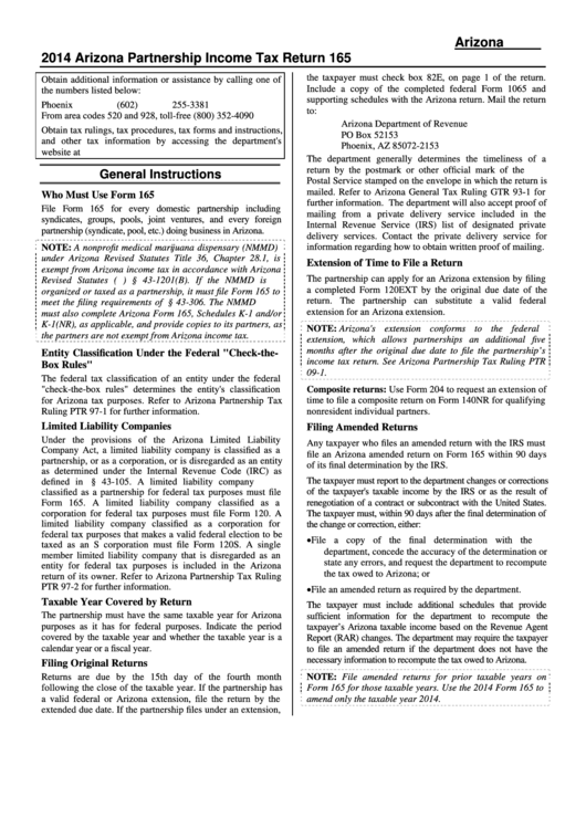 Instructions For Form 165 - Arizona Partnership Income Tax Return - 2014 Printable pdf