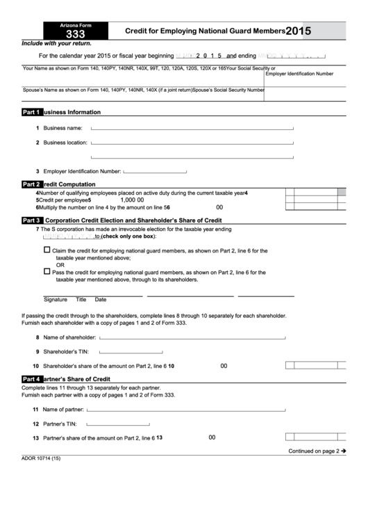 Fillable Arizona Form 333 - Credit For Employing National Guard Members - 2015 Printable pdf