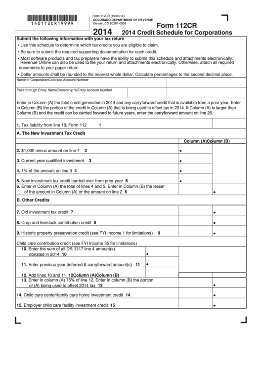 Fillable Form 112cr - Credit Schedule For Corporations - 2014 Printable pdf