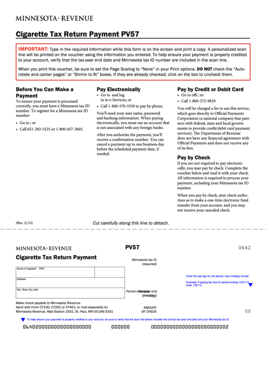 Fillable Form Pv57 - Cigarette Tax Return Payment Printable pdf