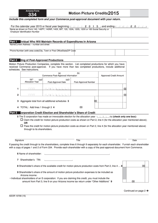 Fillable Arizona Form 334 - Motion Picture Credits - 2015 Printable pdf