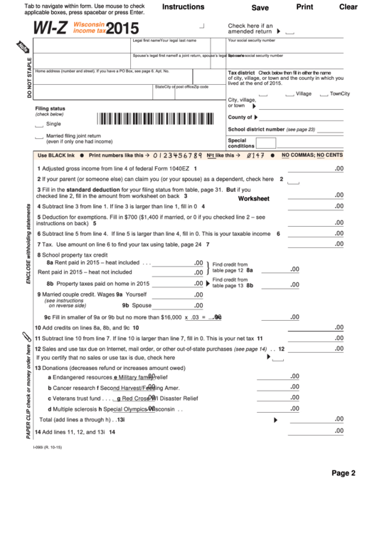 Fillable Form Wi-Z - Wisconsin Income Tax - 2015 Printable pdf
