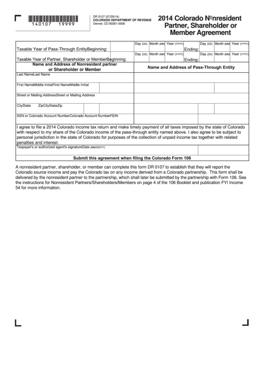 Fillable Form Dr 0107 - Colorado Nonresident Partner, Shareholder Or Member Agreement - 2014 Printable pdf