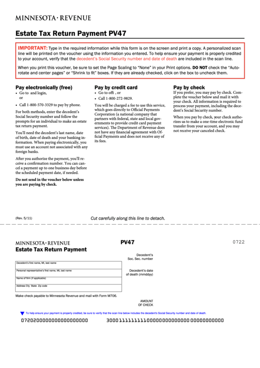 Fillable Form Pv47 - Estate Tax Return Payment Printable pdf
