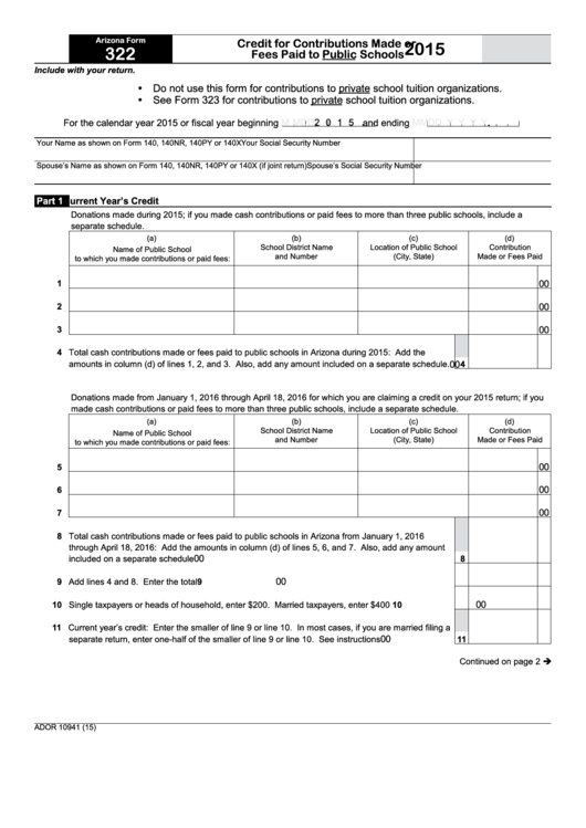 Fillable Arizona Form 322 - Credit For Contributions Made Or Fees Paid To Public Schools - 2015 Printable pdf