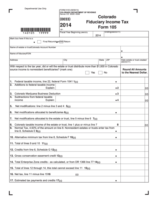 Fillable Form 105 - Colorado Fiduciary Income Tax - 2014 Printable pdf