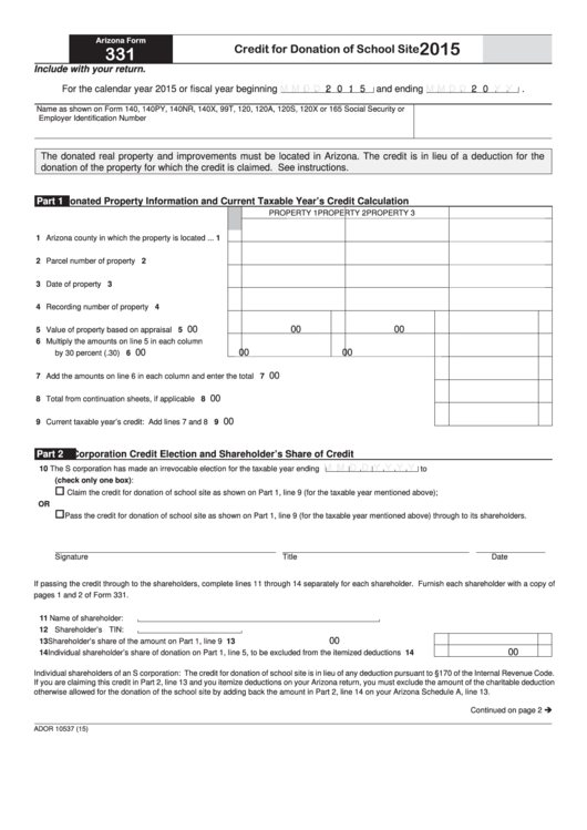 Fillable Arizona Form 331 - Credit For Donation Of School Site - 2015 Printable pdf