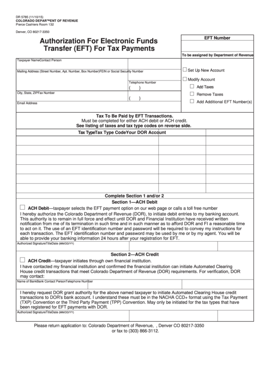 Form Dr 5785 - Authorization For Electronic Funds Transfer (Eft) For Tax Payments Printable pdf