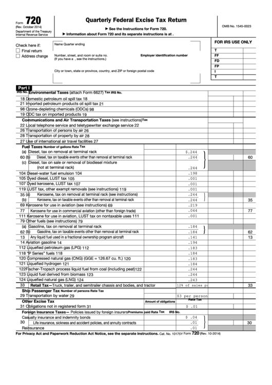 Fillable Form 720 - Quarterly Federal Excise Tax Return Printable pdf