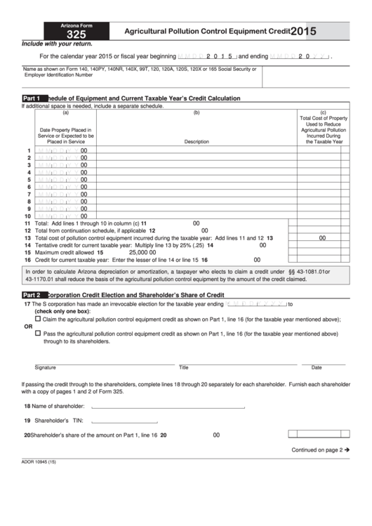 Fillable Arizona Form 325 - Agricultural Pollution Control Equipment Credit - 2015 Printable pdf