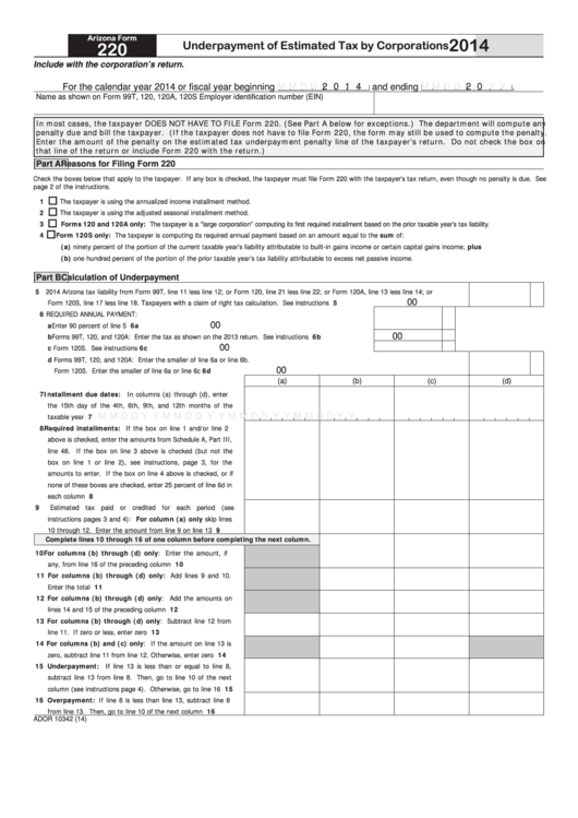 Fillable Arizona Form 220 - Underpayment Of Estimated Tax By Corporations - 2014 Printable pdf