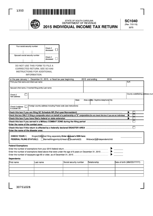 Form Sc1040 - Individual Income Tax Return - 2015 Printable pdf