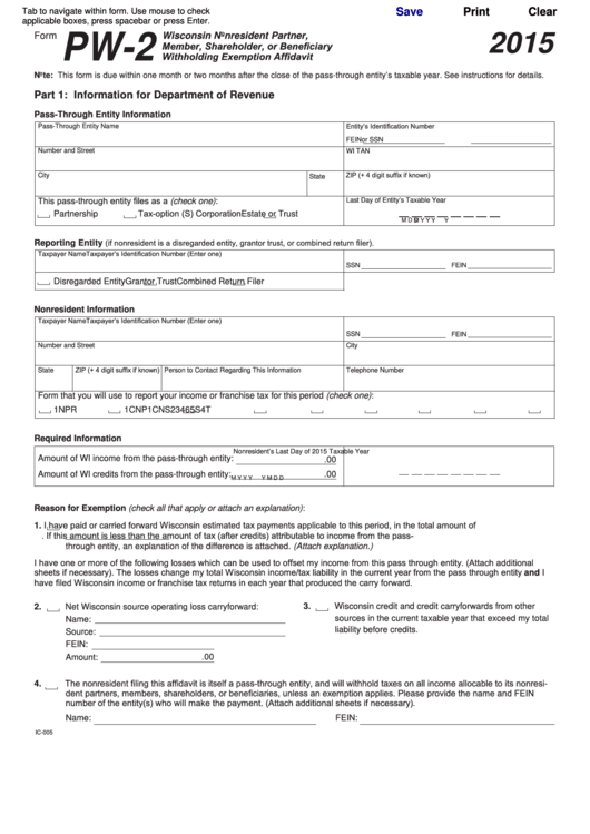 Fillable Form Pw-2 - Wisconsin Nonresident Partner, Member, Shareholder, Or Beneficiary Withholding Exemption Affidavit - 2015 Printable pdf