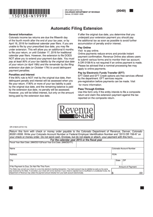 Fillable Form Dr 0158-N - Payment Voucher For Extension Of Time For Filing A Colorado Composite Nonresident Income Tax Return Printable pdf