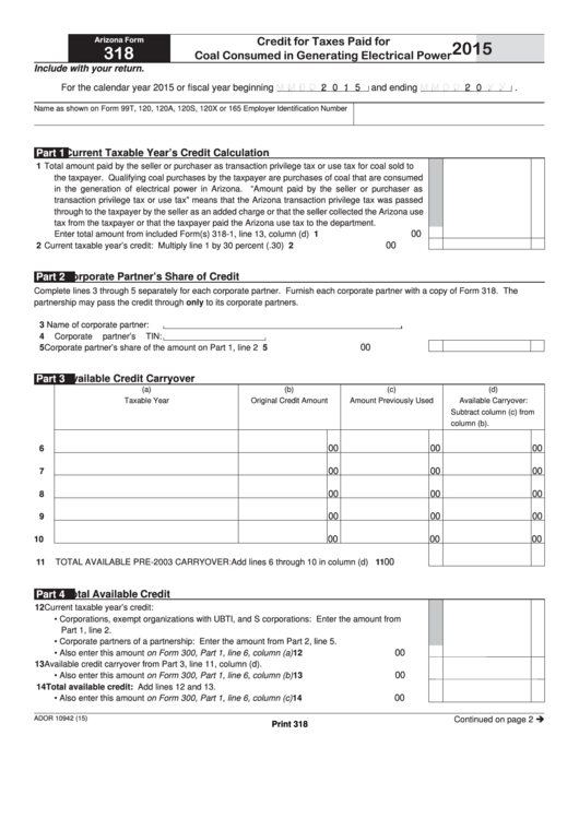 Fillable Arizona Form 318 - Credit For Taxes Paid For Coal Consumed In ...