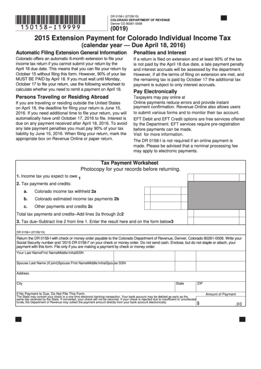 Form Dr 0158 - Tax Payment Worksheet - 2015 Printable pdf