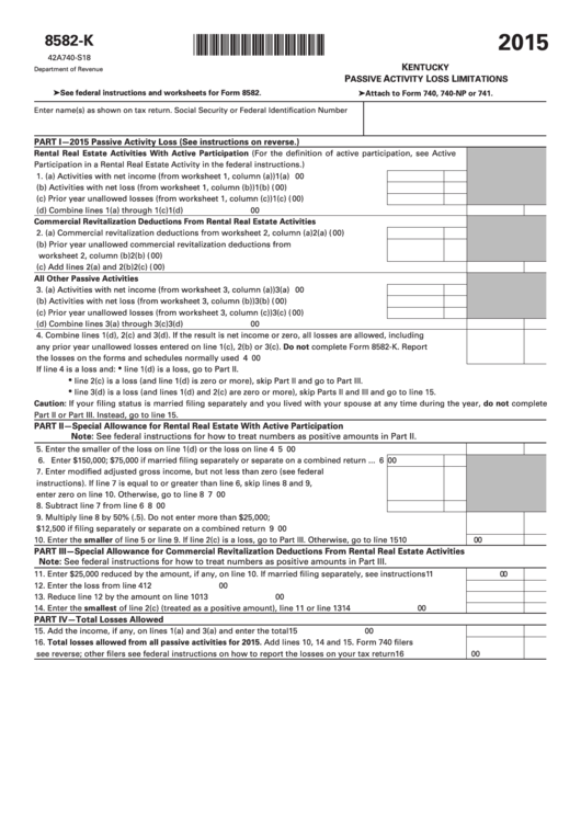 Fillable Form 8582-K - Kentucky Passive Activity Loss Limitations - 2015 Printable pdf