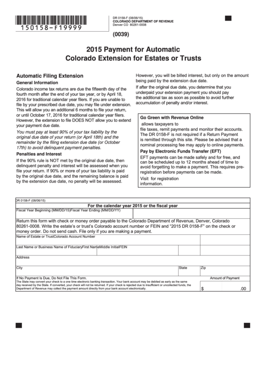 Fillable Form Dr 0158-F - Payment For Automatic Colorado Extension For Estates Or Trusts - 2015 Printable pdf