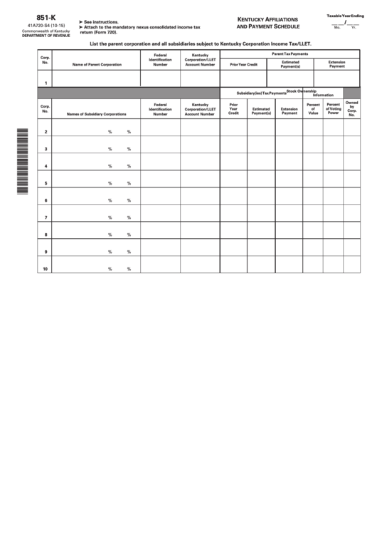 Fillable Form 851-K - Kentucky Affiliations And Payment Schedule Printable pdf