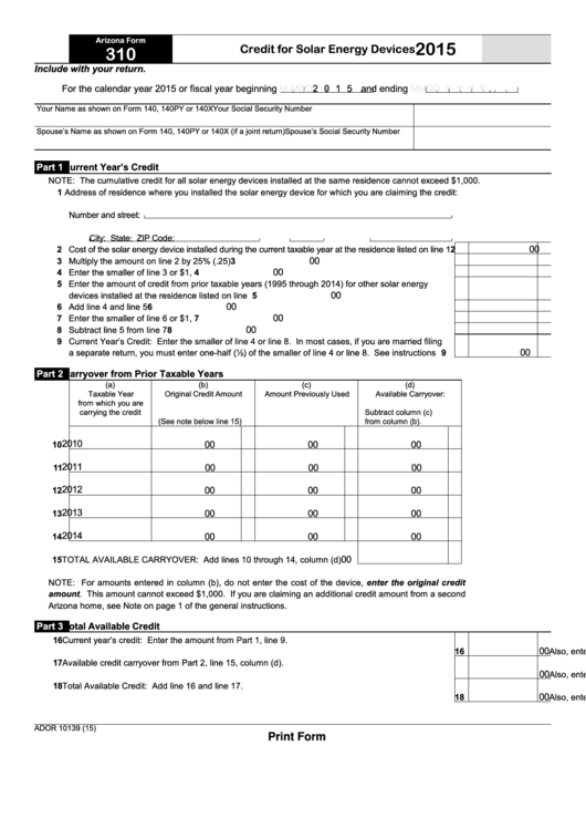 Fillable Arizona Form 310 - Credit For Solar Energy Devices - 2015 Printable pdf