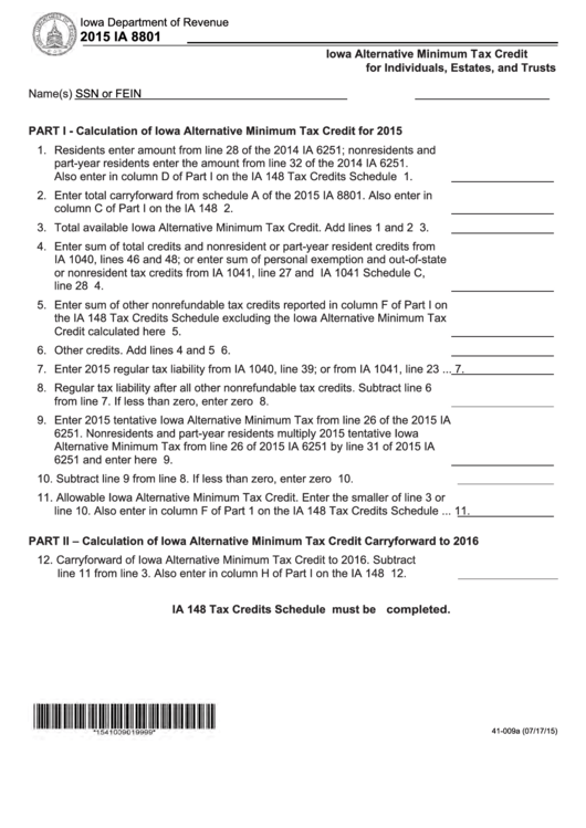 Fillable Form Ia 8801 - Iowa Alternative Minimum Tax Credit For Individuals, Estates, And Trusts - 2015 Printable pdf